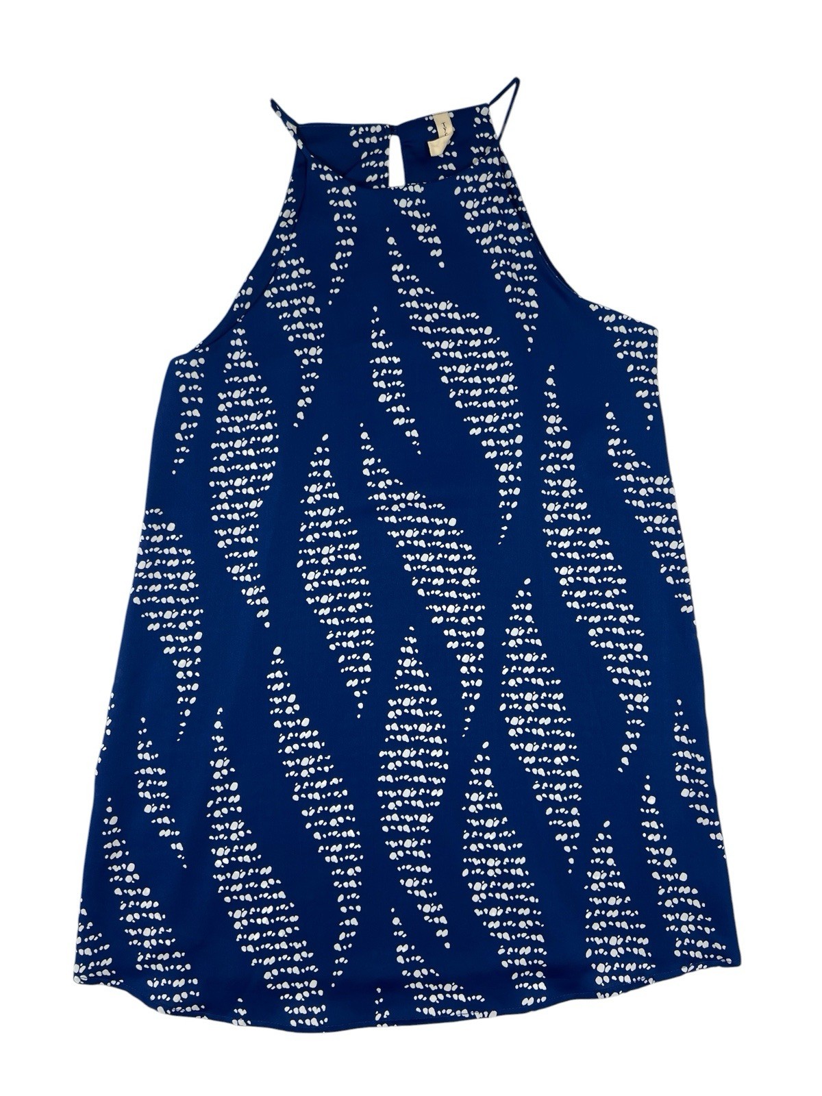 TYCHE blue/white leaf pattern halter shift mini dress size MEDIUM high neck EUC