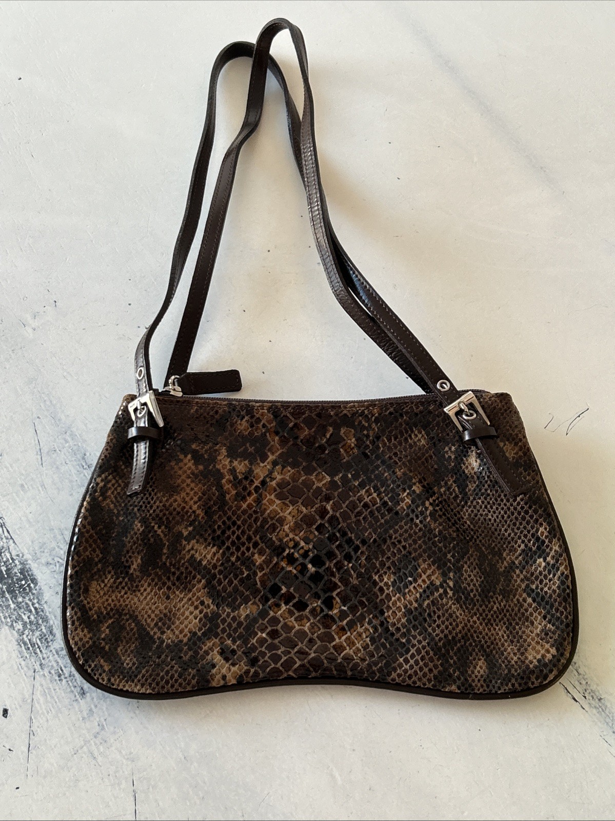 Vera Pelle Italy Brown Snakeskin Purse Leather DoubleHandle Shoulder Bag 10.25”W