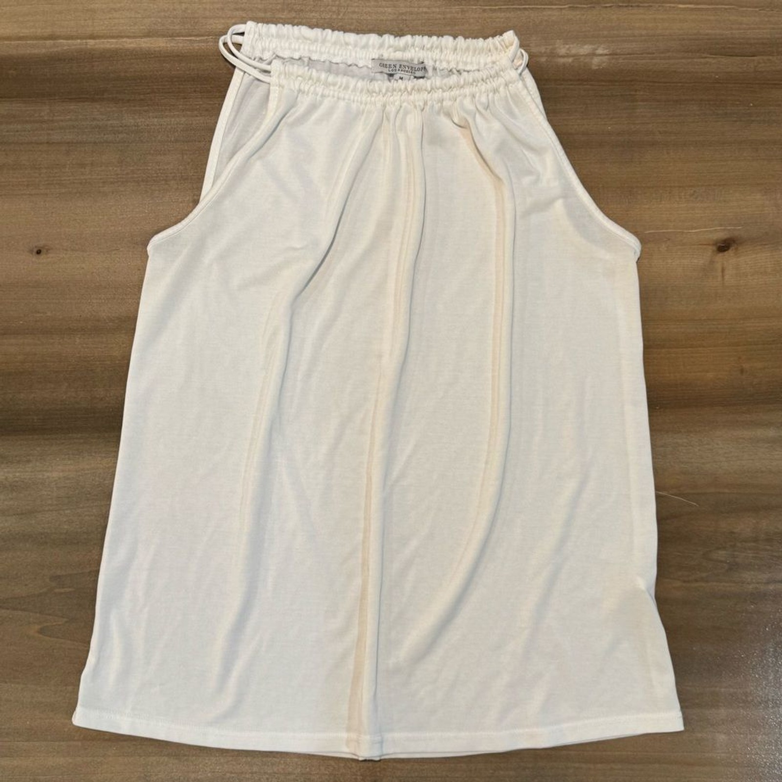 Green Envelope Ivory Ruched Blouse Sleeveless Soft Minimalist Top