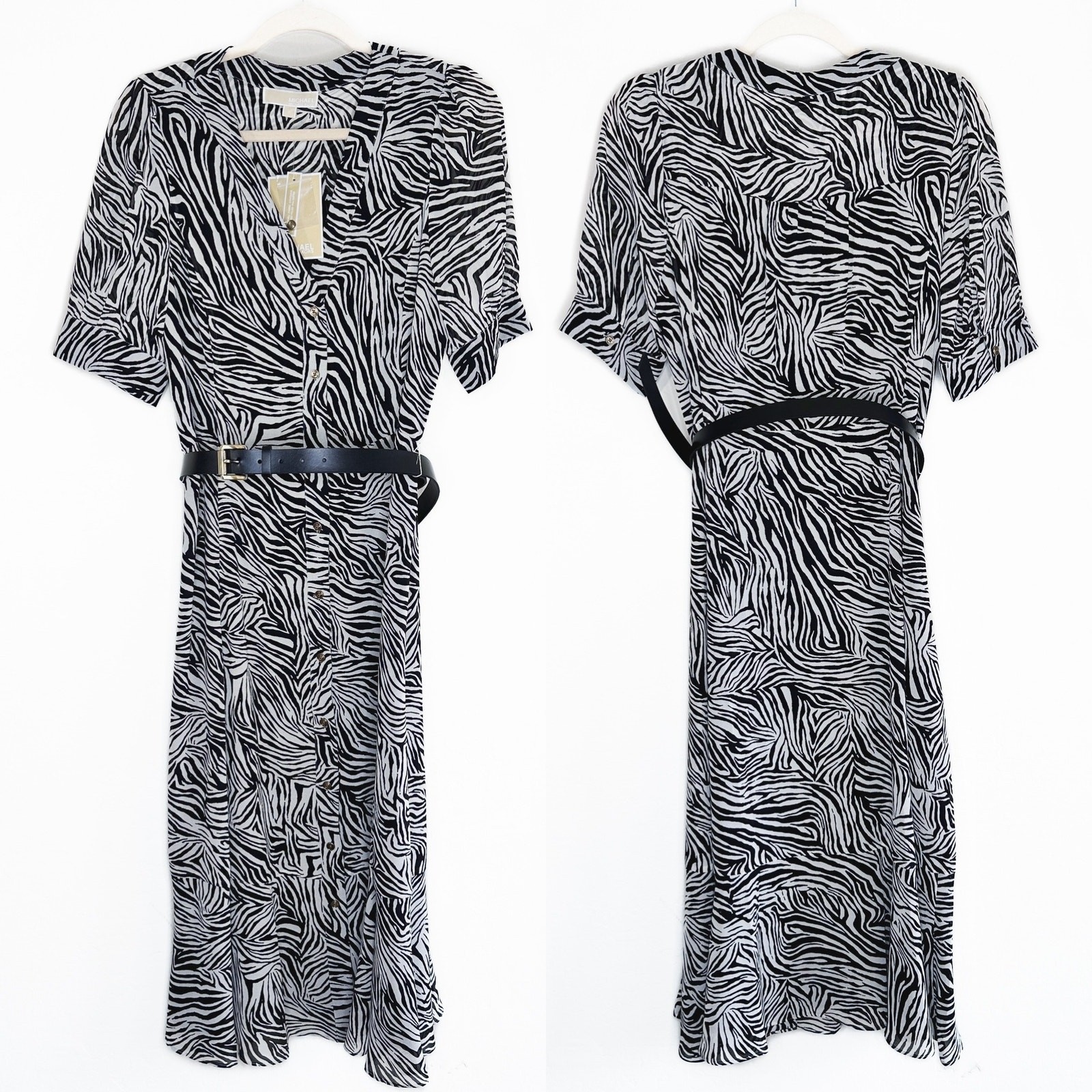 NWT Michael Kors Zebra Print Georgette Belted Puff Sleeve Midi Shirt Dress Med