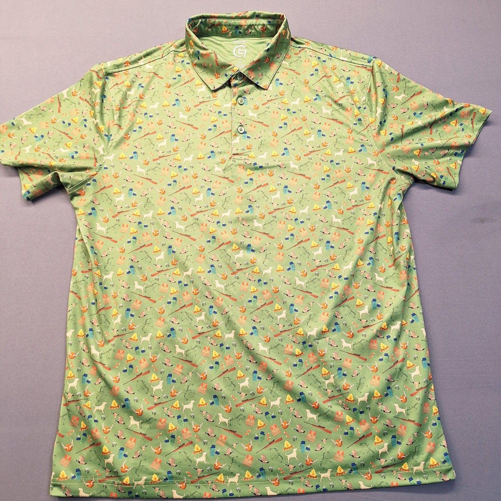 Vitamin G Mens Green Hunting Camping Novelty Print Performance Golf Polo Shirt L