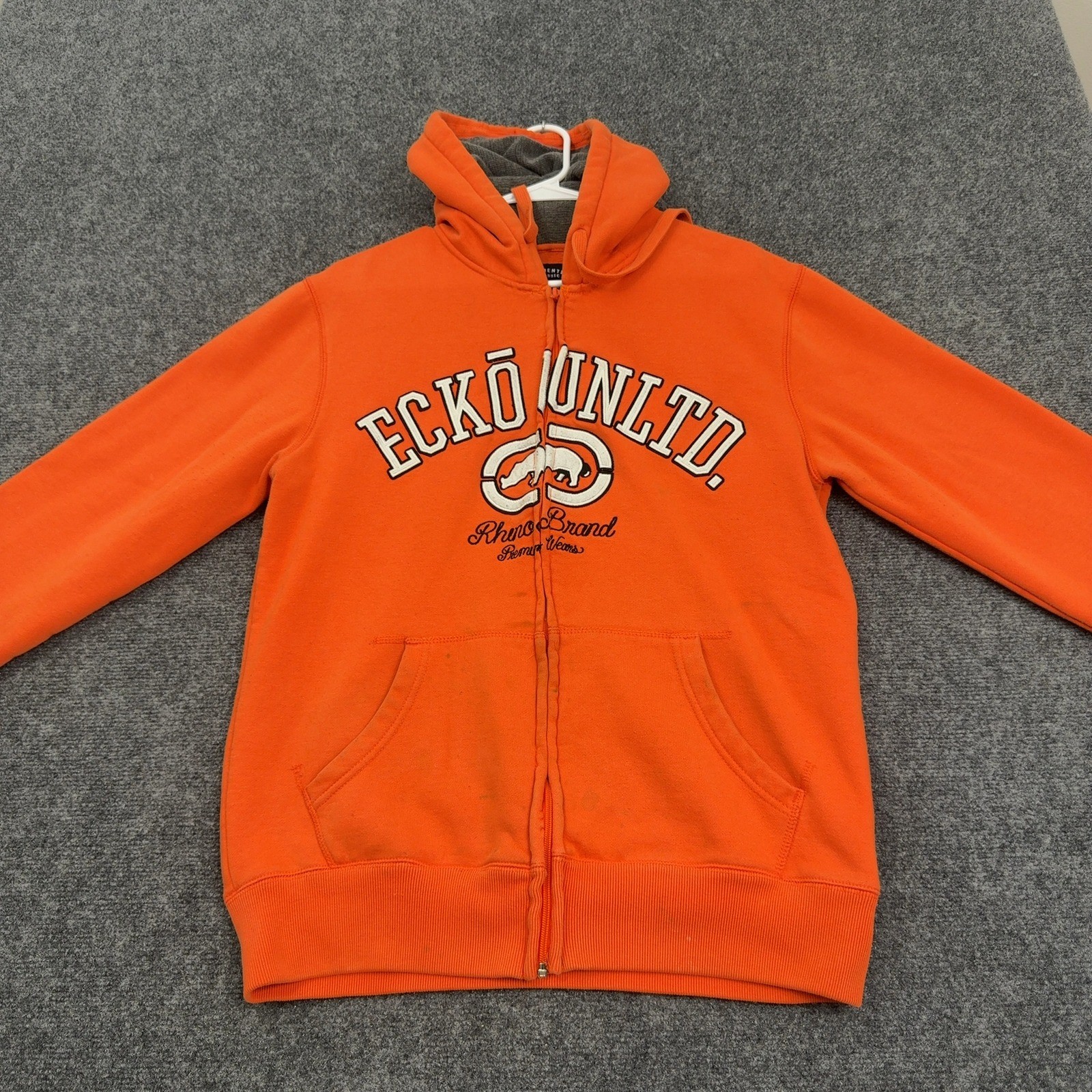 Ecko Unltd Hoodie Mens Medium Orange Cotton Blend Full Zip Rhino Logo Y2K Skate