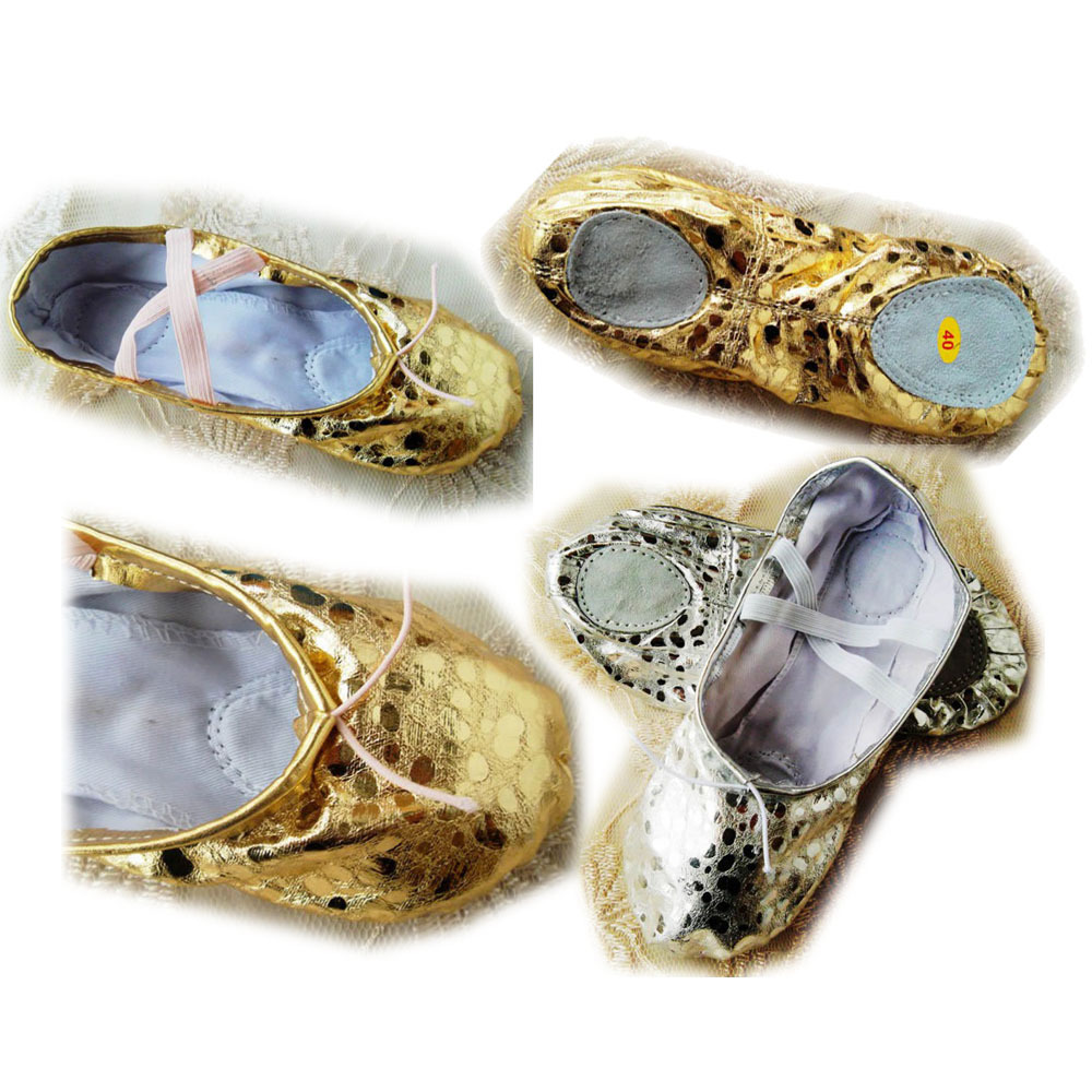 New Women Girl Gold/Silver Ballet Pointe Gymnastics Sequins Leather Dance Shoes