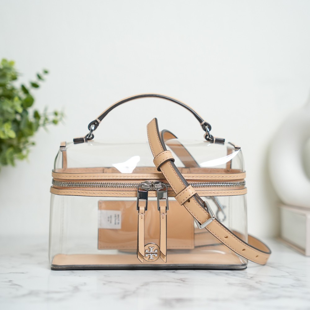 Tory Burch Rory Clear Vanity Bag Crossbody in Brushed Almond NWT