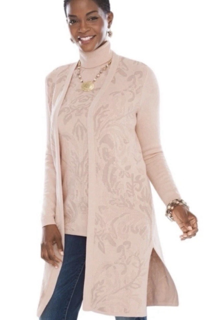 Chico’s Paris Pink Tonal Jacquard Open Long Cardigan Sweater Size 1 (US 8) NWT