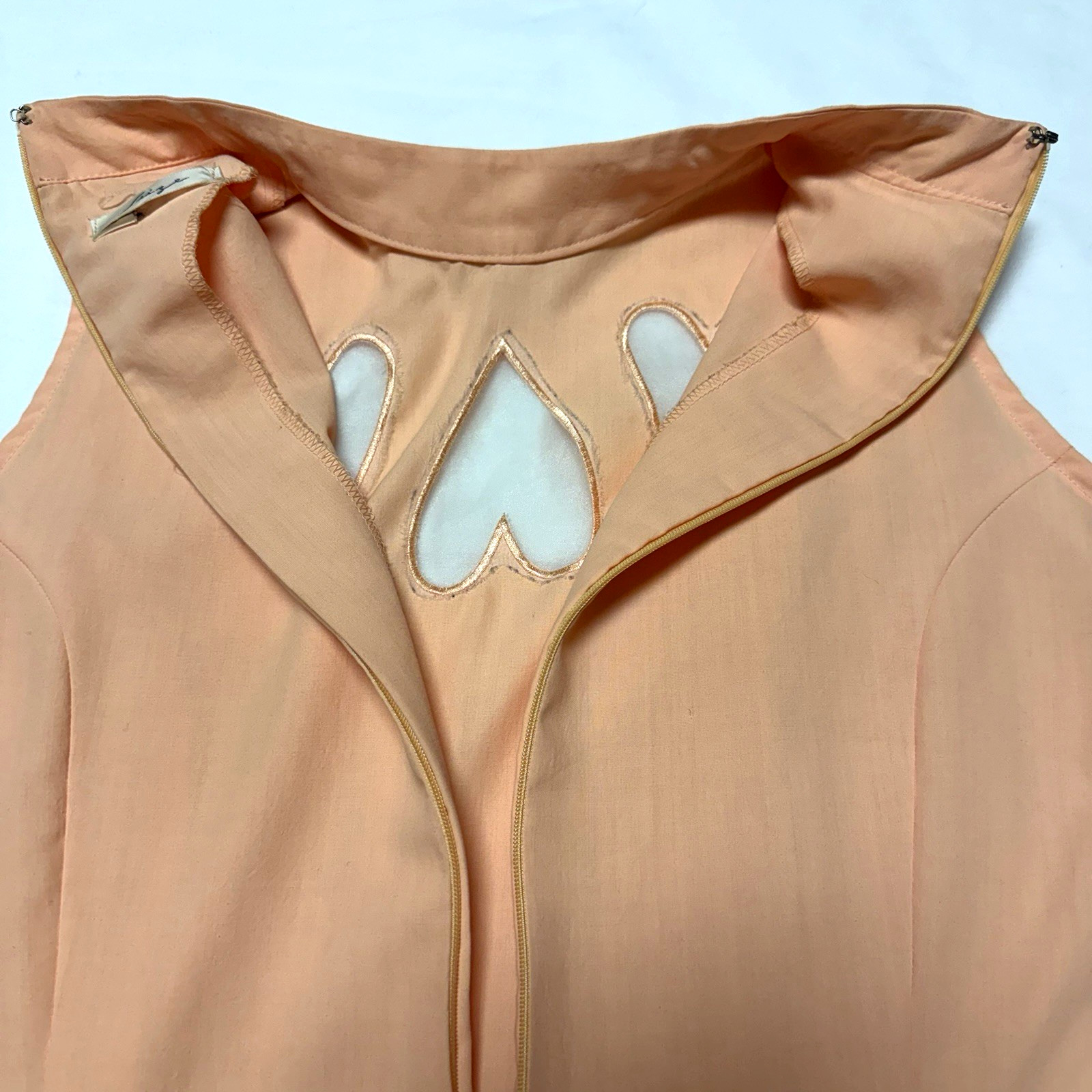Vintage 90s Seize Sleeveless Mock Neck Top Salmon Pink Heart Cutout Sheer S Y2K