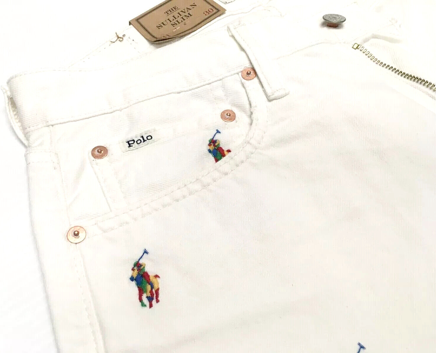 Polo Ralph Lauren Allover Pony Embroidered Varsity Preppy Royal White Slim Jeans