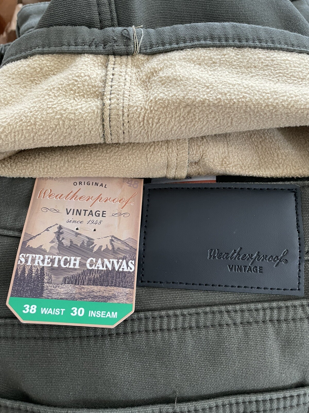 New Weatherproof Vintage Fleece Lined Stretch Canvas Style Olive Green W38L30