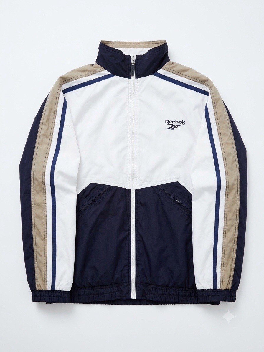Vintage Reebok Track Jacket Men’s Size XL White Navy Blue Colorblock Windbreaker