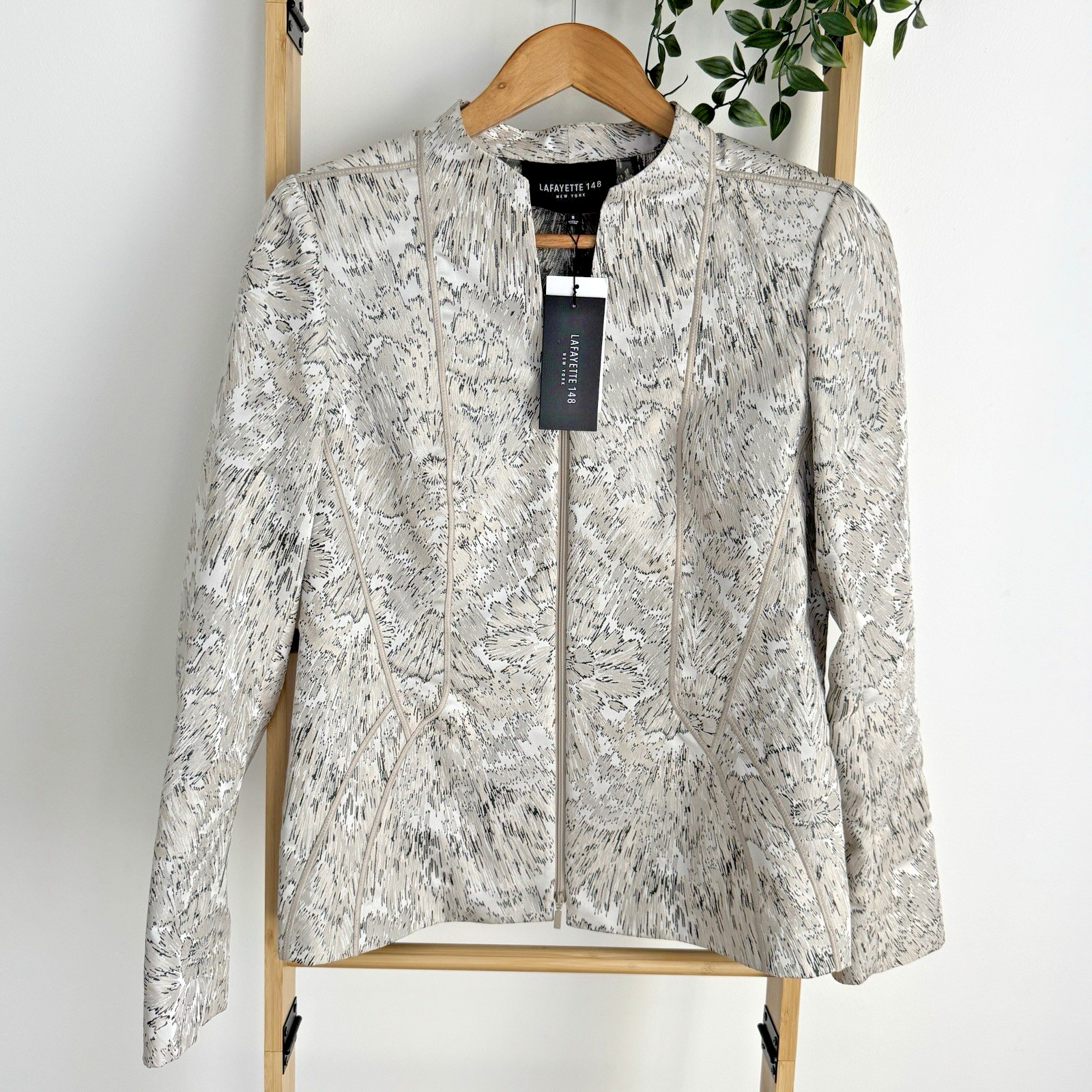 Lafayette 148 NY NWT Tailored Jacket Women’s 8 Neutral Abstract Print Open Front
