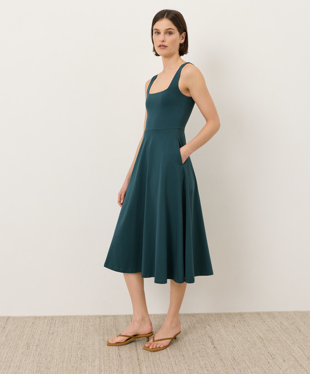PACT Organic Fit & Flare Square Neck Dress, Deep Aqua NEW