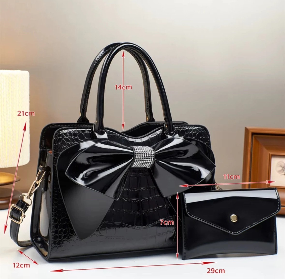Women’s Luxury PU Leather Bow Tote Handbag 2Pc Satchel Shoulder Bag Wallet