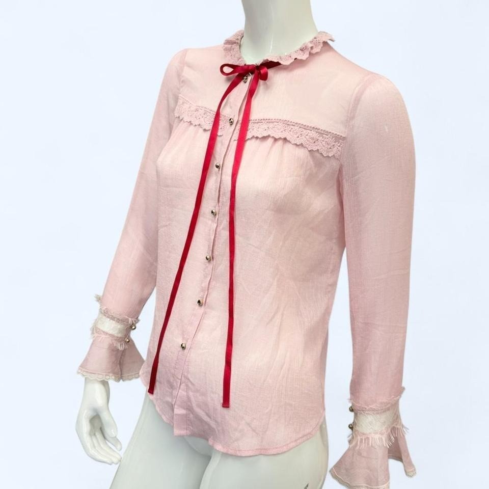 Maxrieny Pink Sheer Lace Blouse Ribbon Tie Ruffle Coquette Womens M