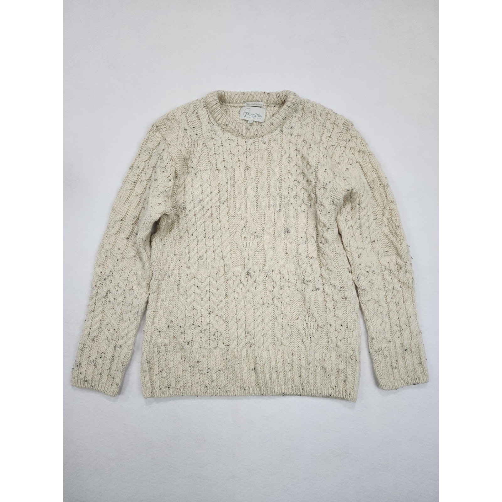 Peregrine Hudson Aran Skiddaw Fisherman Sweater Mens XL Beige Flecked Cable Knit