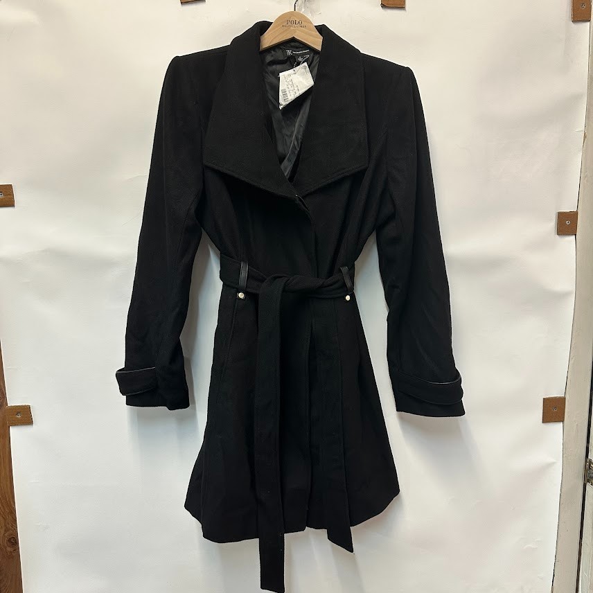 INC Womens XL Black Button Up Tie Waist Mid Thigh Length Coat Retag CS53