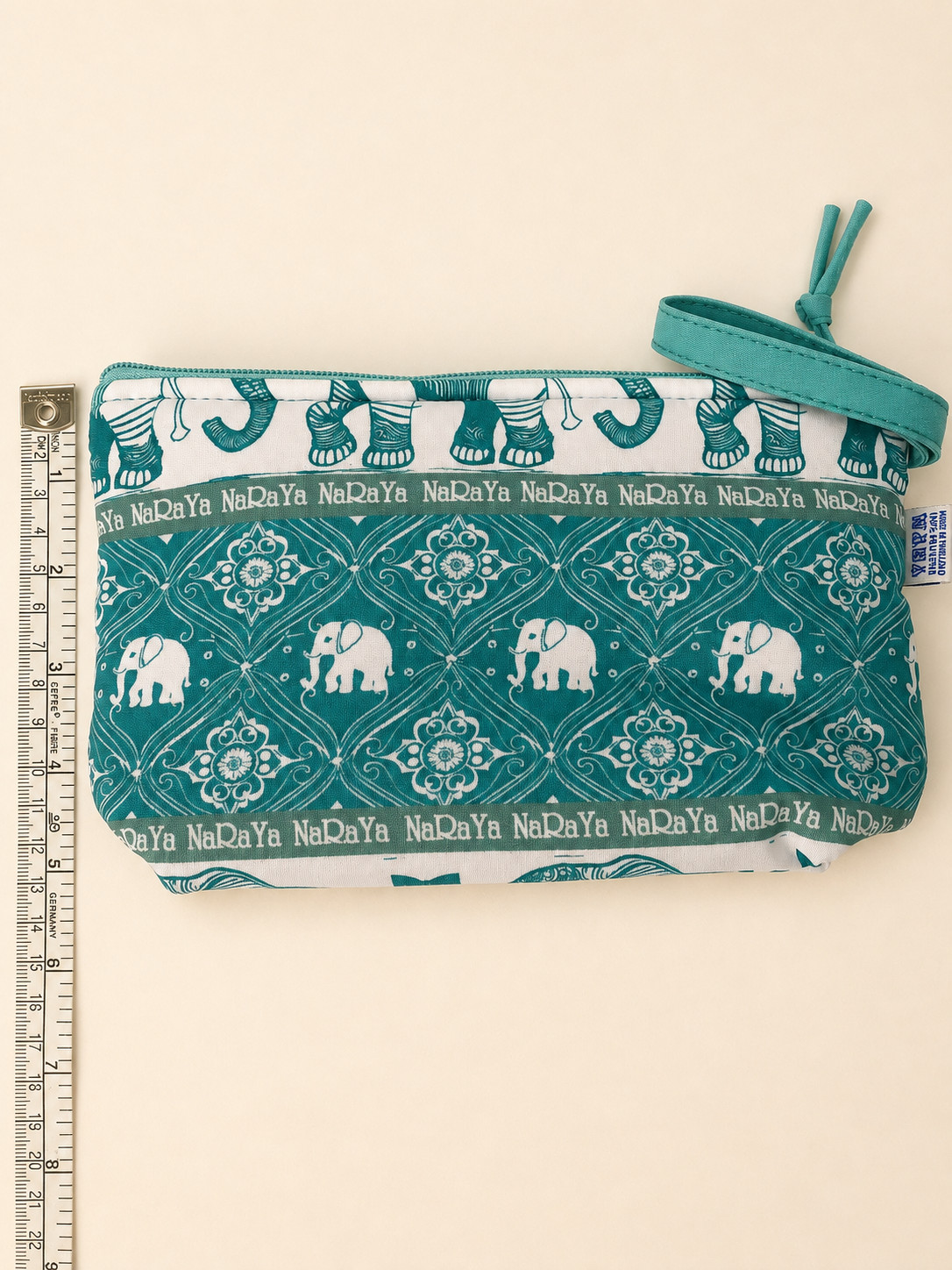 Authentic NaRaYa Elephant Print Cosmetic Bag Green Zip Pouch Thailan (Zipper)