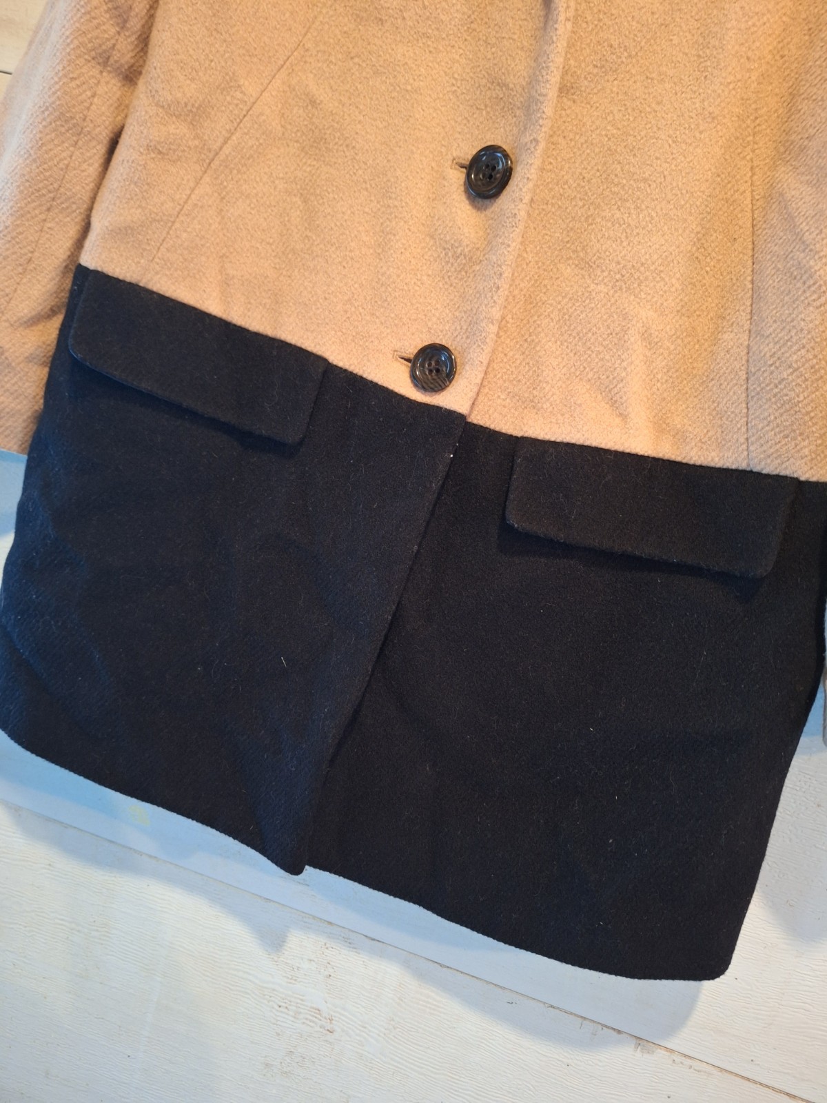 Talbots Two-Tone Wool Blend Colorblock Overcoat 10 Petite Black & Tan Buttons