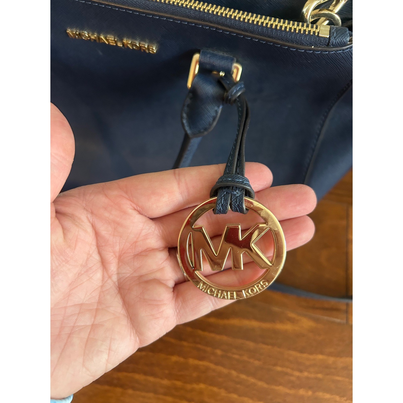 Michael Kors Savannah Navy Blue Saffiano Leather Satchel Crossbody Bag Gold Tone