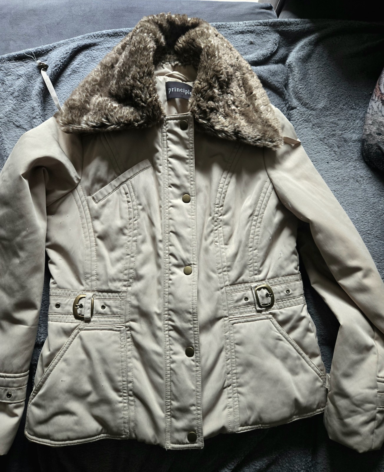 Principles Beige Faux Fur Collar Jacket UK 12 Belted Smart Winter Coat