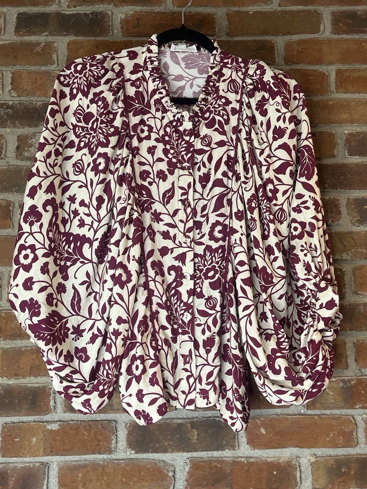 &merci Women’s Peasant Blouse S White Purple Floral Puff Long Sleeve Round Neck