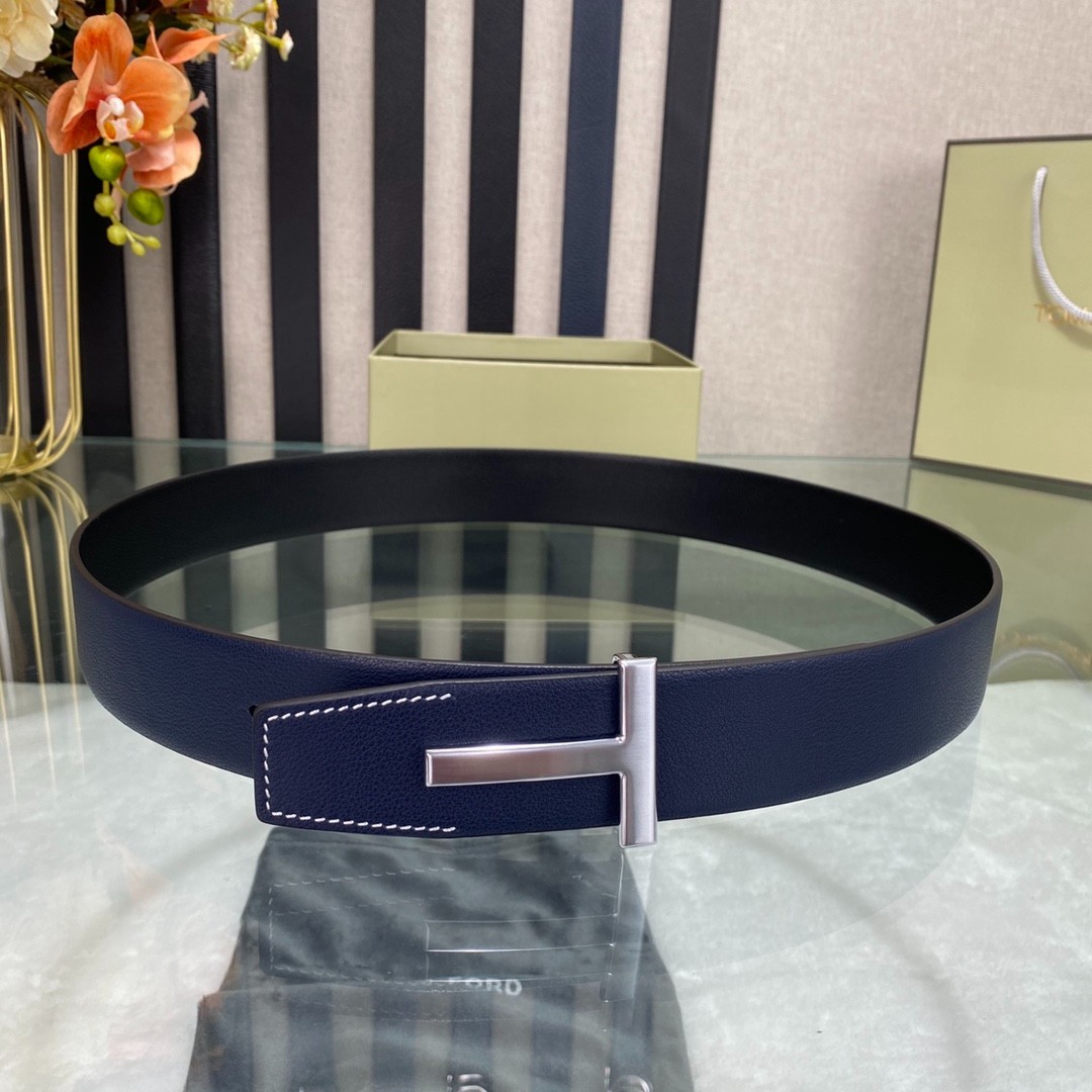 Tom Ford Mens Black/Blue Reversible Leather Belt Simple T Buckle