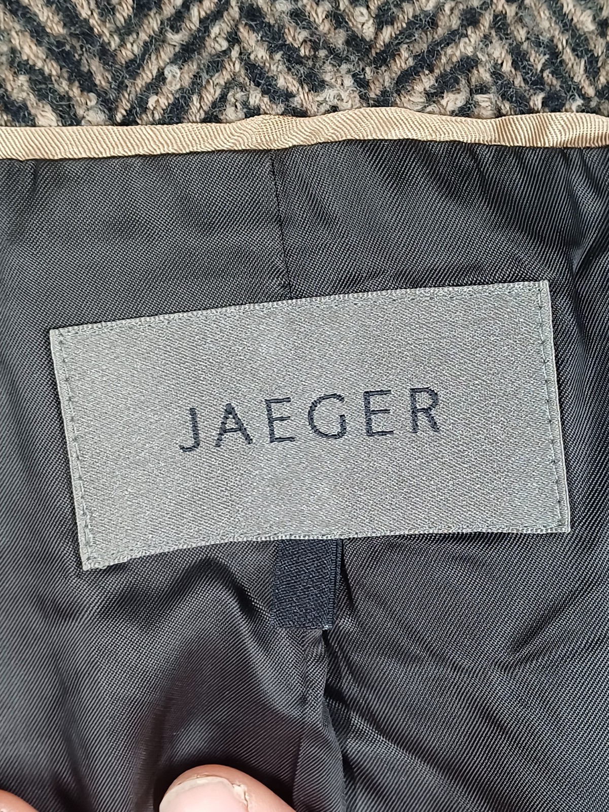Jaeger Jacket Womens UK 12 Beige/Black Virgin Wool Cashmere Herringbone Blazer
