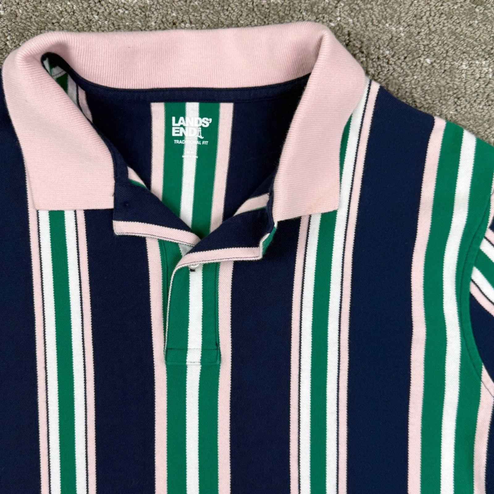 Lands’ End Traditional Fit Polo Shirt Mens L Blue Green Pink Striped Cotton