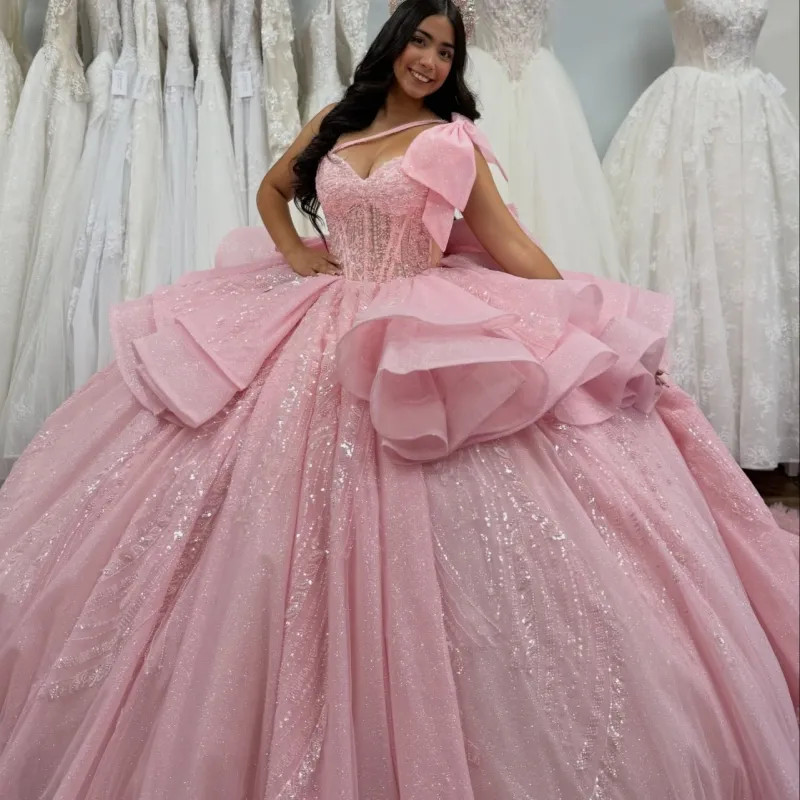 Light Pink Shiny Quinceanera Dress Applique Lace Beaded Bow Off Shoulder Sweet16