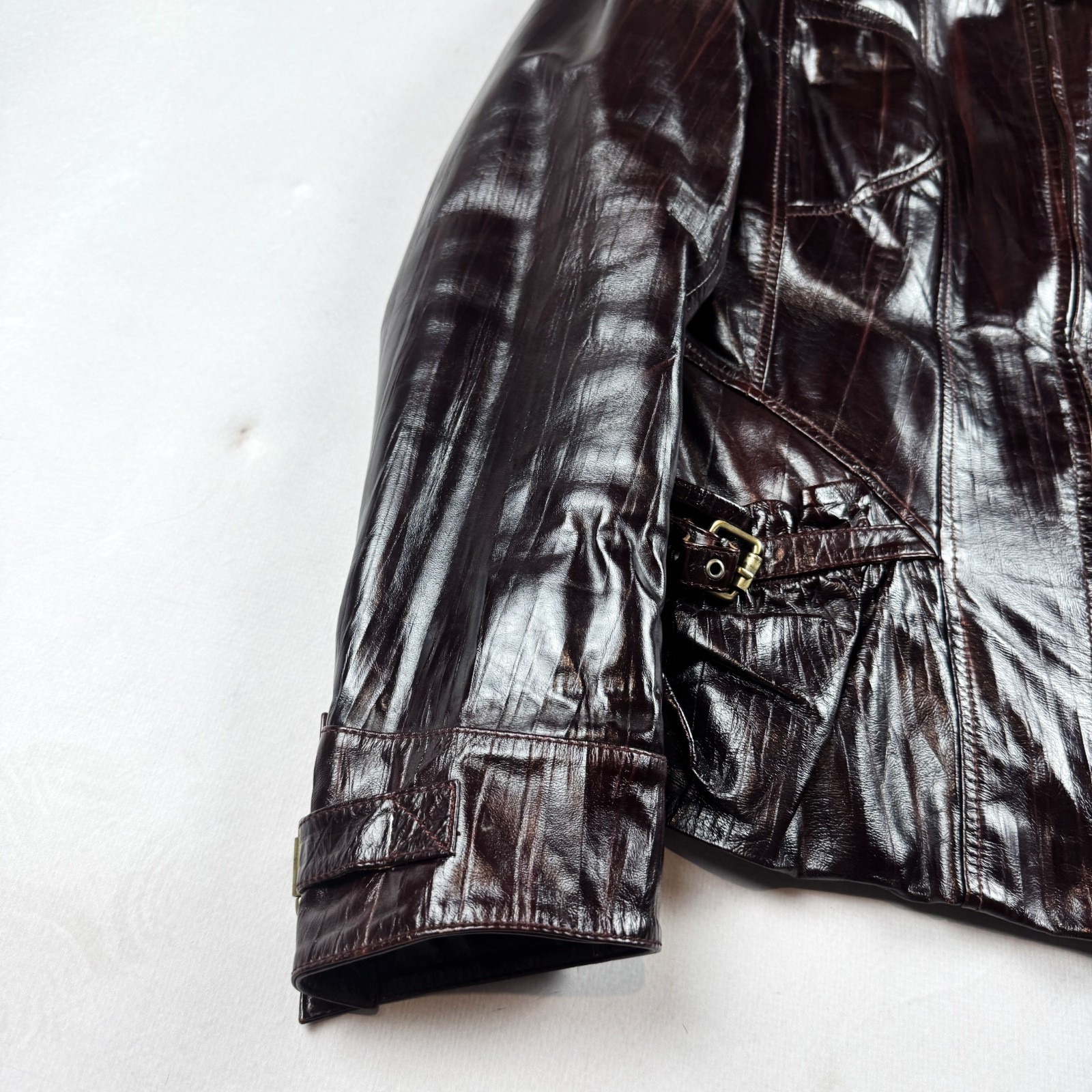 Womens Vintage Brown Leather Jacket Fur Collar Buckle Pocket Biker Moto Style