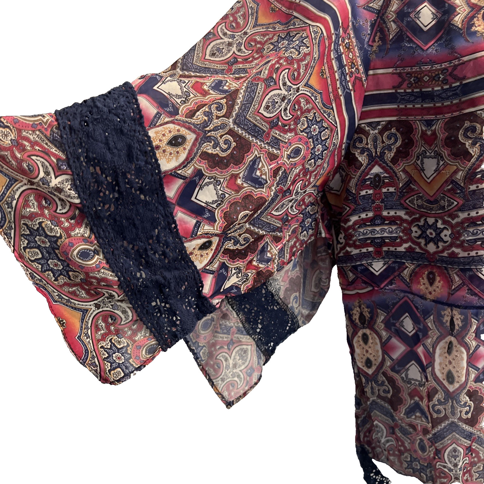 James Bryan Boho Paisley Print Kimono Top Size S Split Sleeve Blouse Lace Trim
