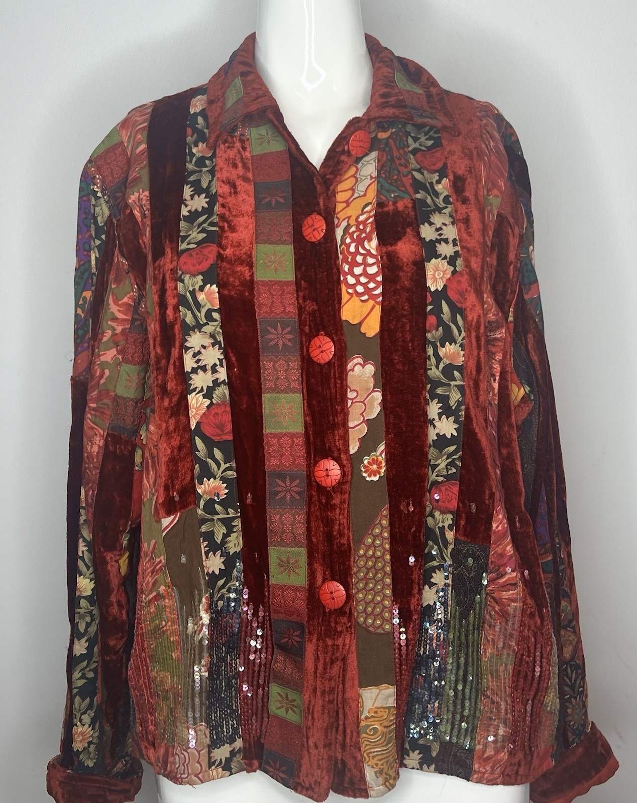 COLDWATER CREEK| Red Sequence Patchwork Velvet Button down Long Sleeve Jacket| L