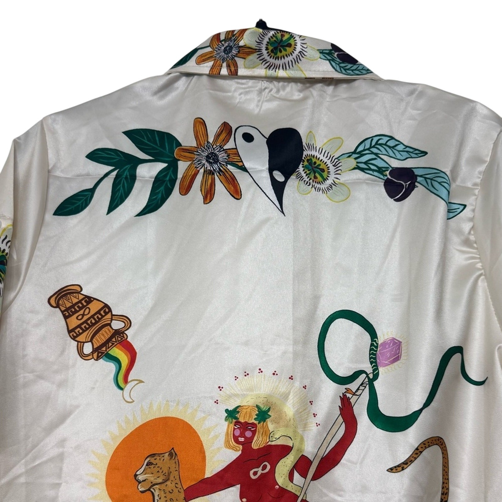 Womens Art Shirt Surreal Print Button-Up Cheetah Rider Snake Yin Yang Size Small