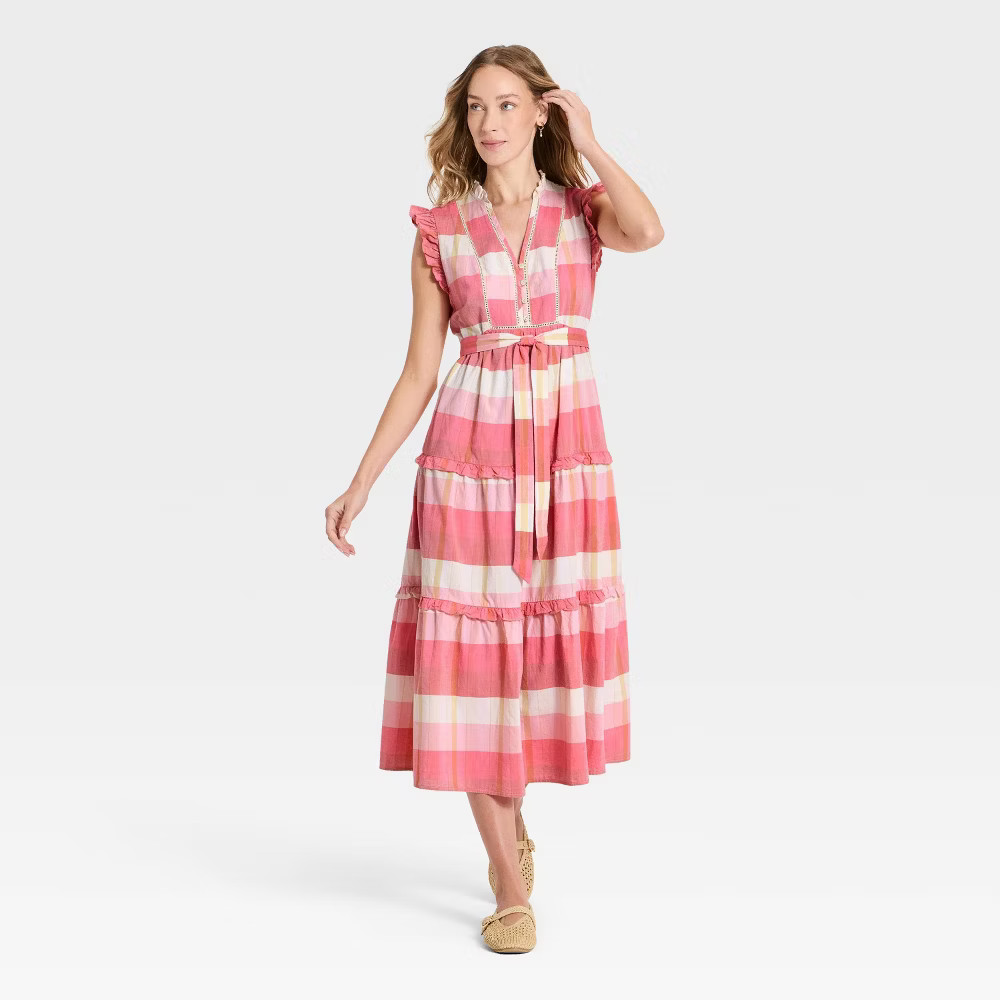 Women Flutter Short Sleeve Ruffle Maxi A-Line Dress – Universal Thread Pink