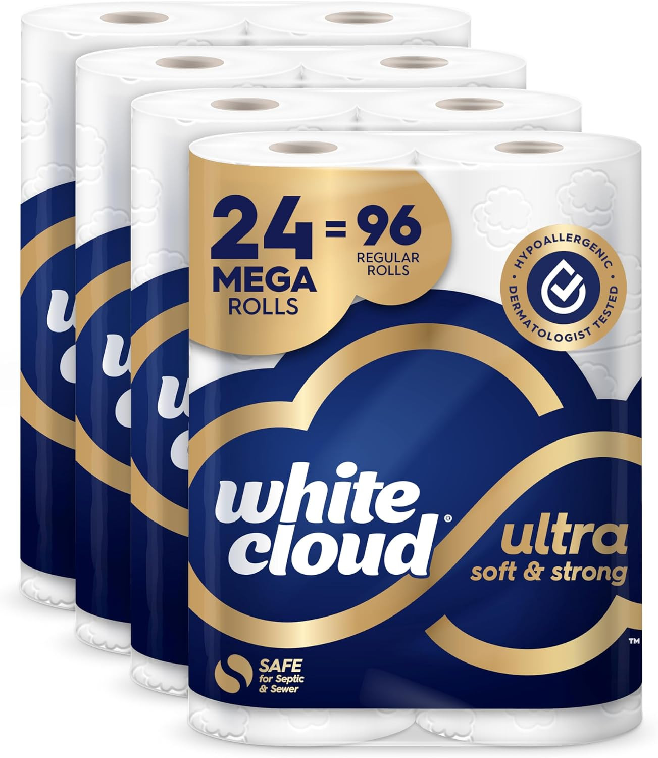 Ultra Soft & Strong Toilet Paper, 4 Packs of 6 Mega Rolls = 96 Regular Rolls