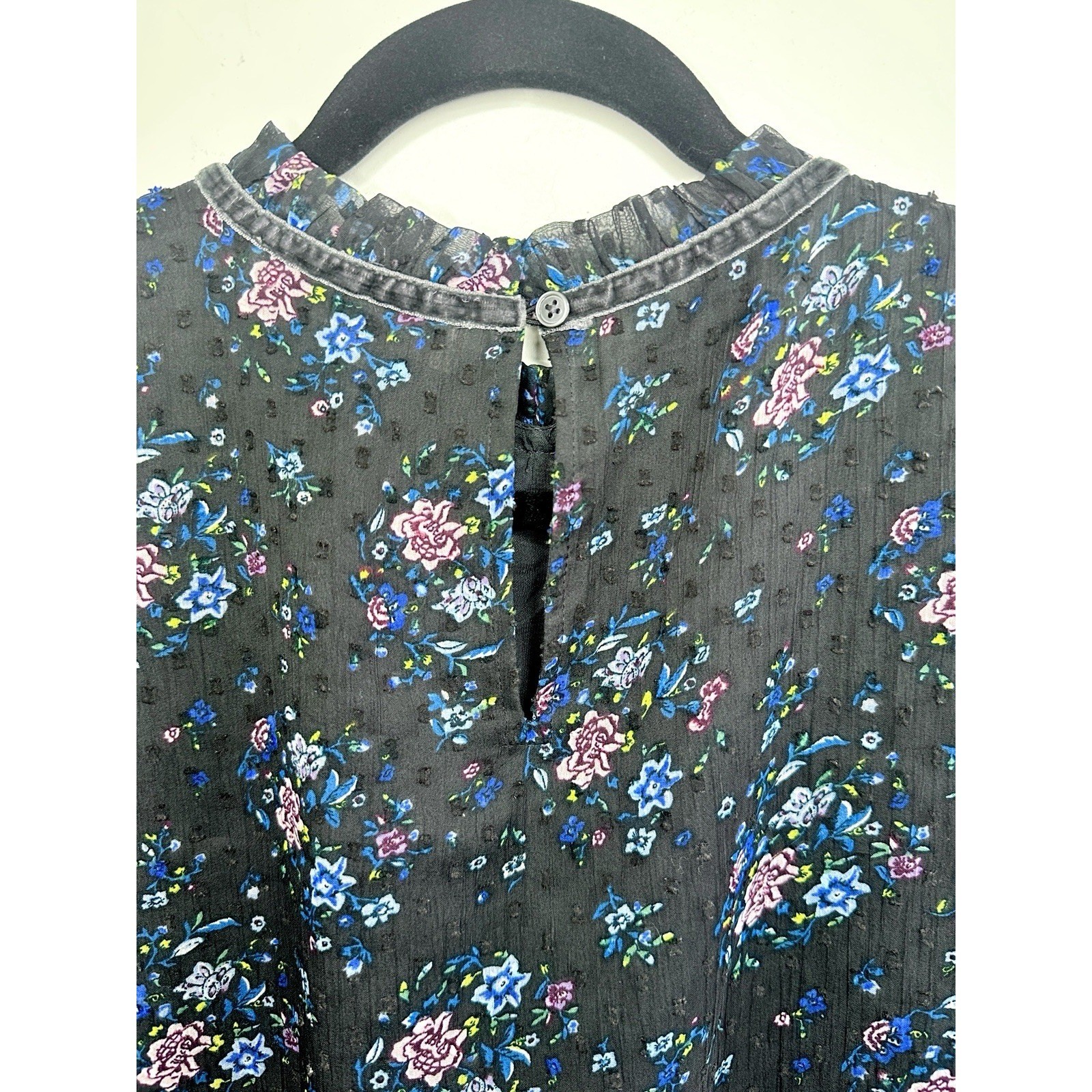 LOFT Floral Clip Dot Blouse Small Black Ruffle Neck Long Sleeve Sheer Cottage