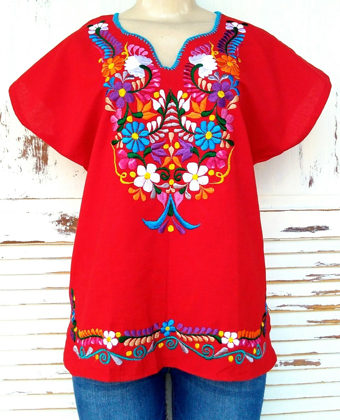 Mexican Embroidered Women’s Blouse Assorted Sizes & Colors S To 3XL Peasant Top