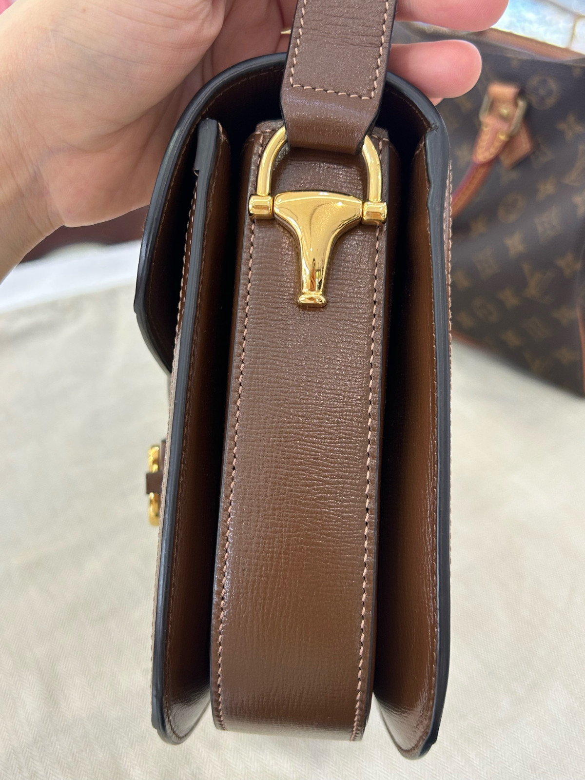 Authentic Gucci Horsebit 1955 GG Supreme Canvas and Leather Shoulder Bag Brown