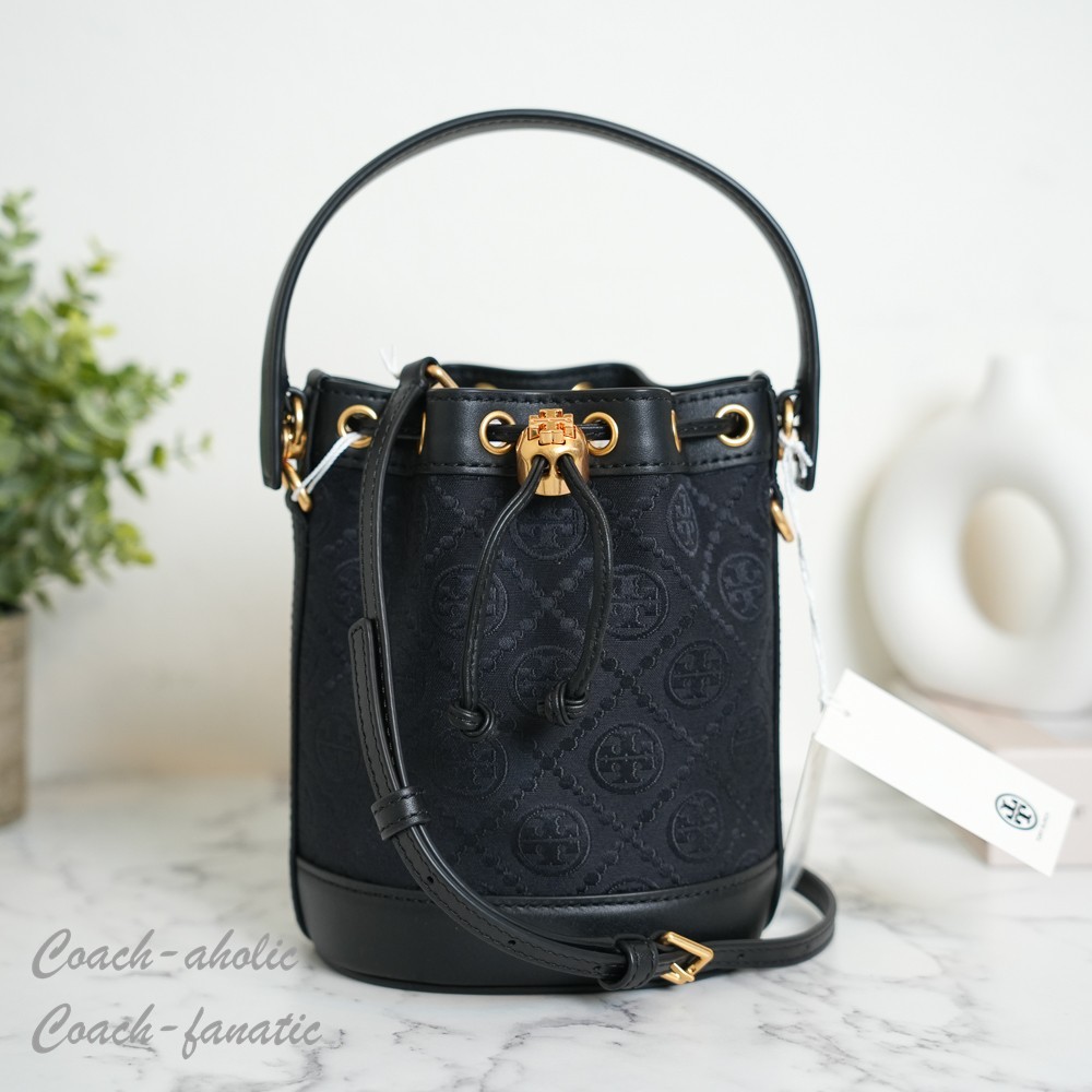 Tory Burch T Monogram Mini Bucket Bag Crossbody in Black NWT
