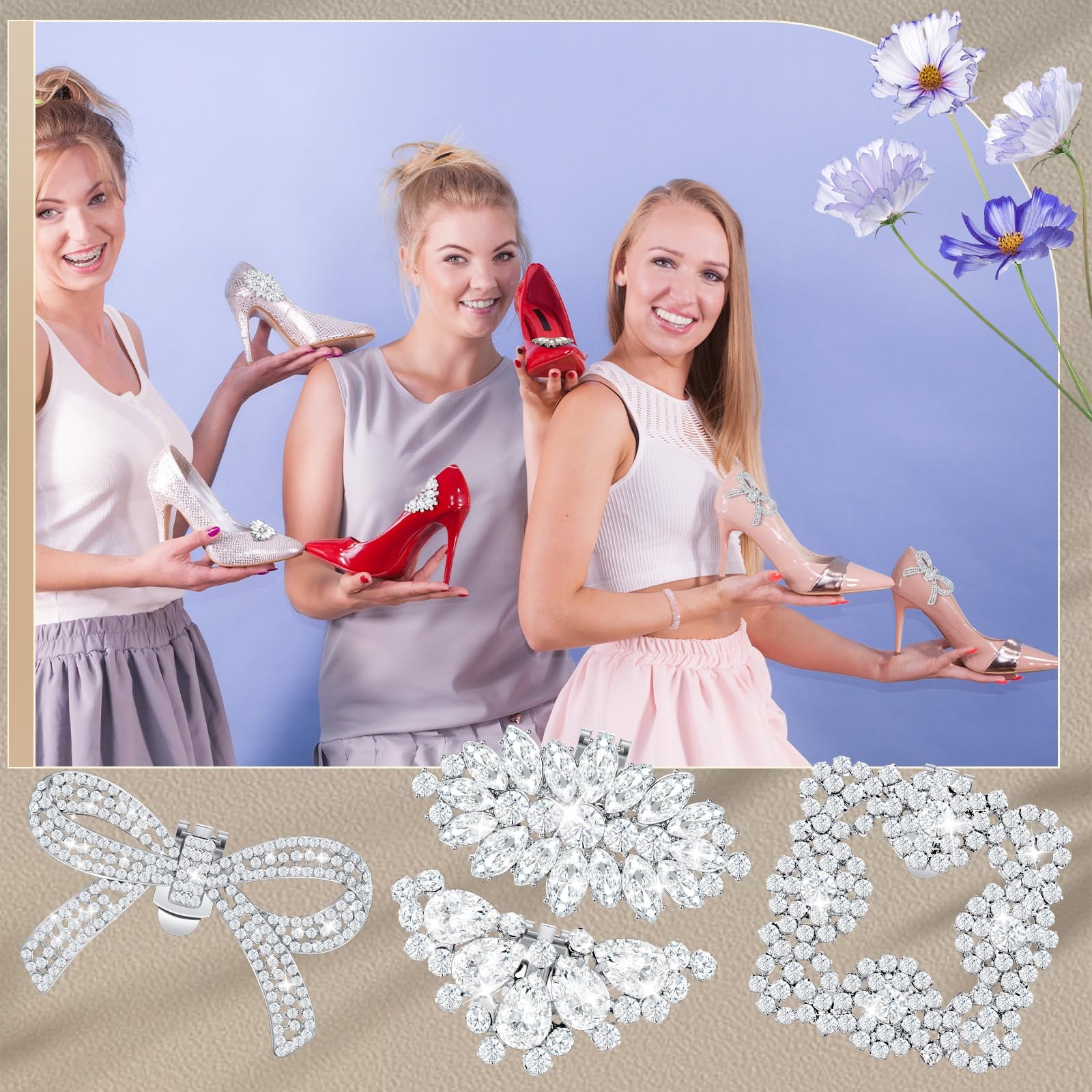 4 Pairs Rhinestone Pearl Bow Square Wing Shoe Clips for Women Charms