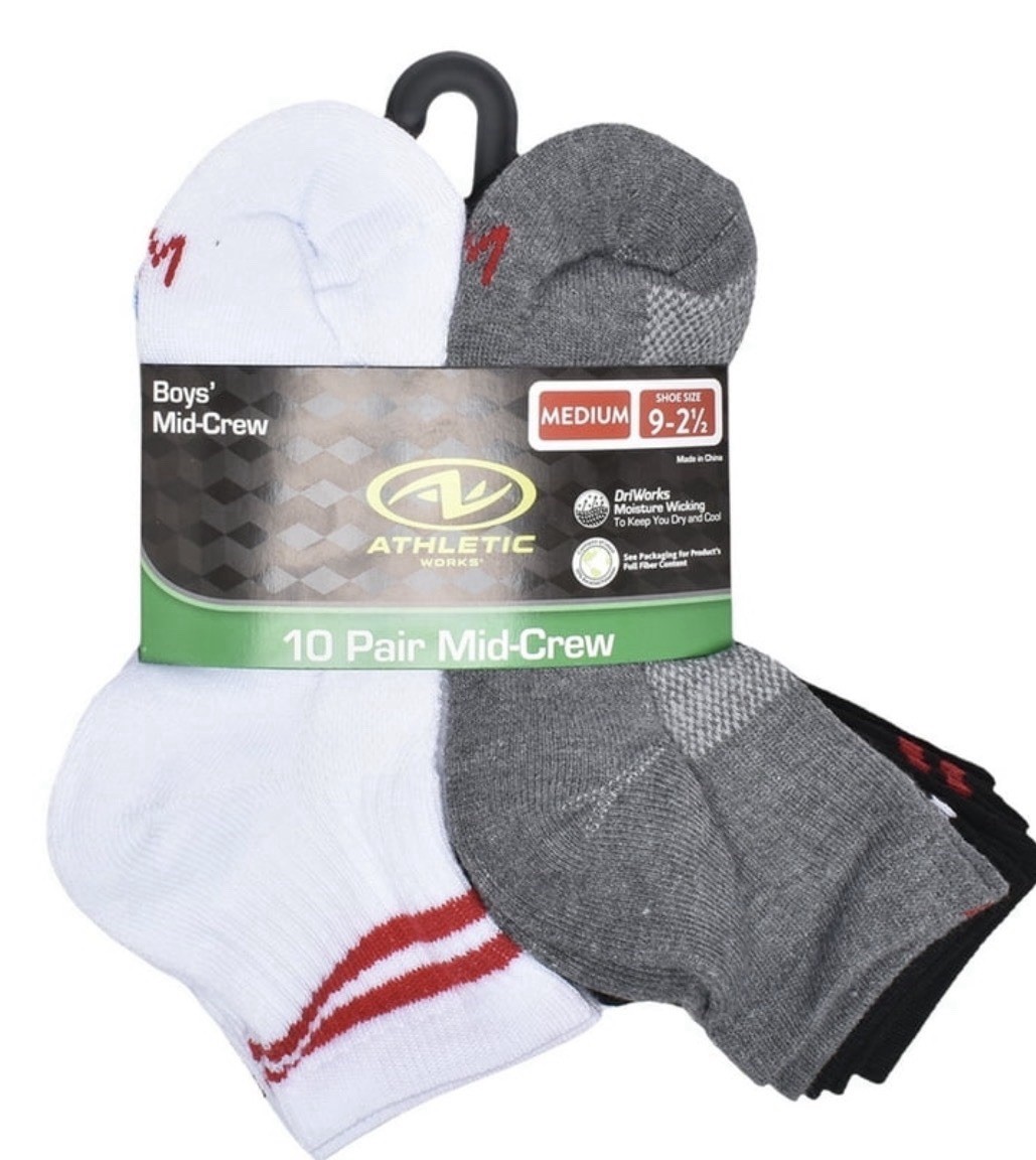 Athletic Works Boys Mid-Crew Socks 10 Pack New Sealed Youth Shoe Size 9-2 1/2