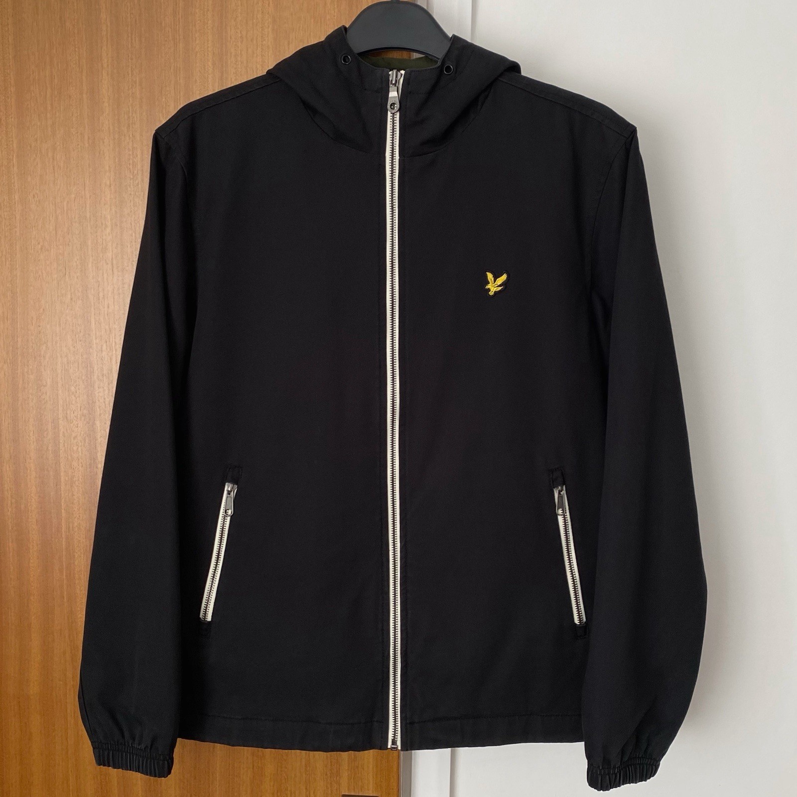 Lyle & Scott Jacket Mens Medium Black Full Zip Hooded Cotton Khaki Green Lining