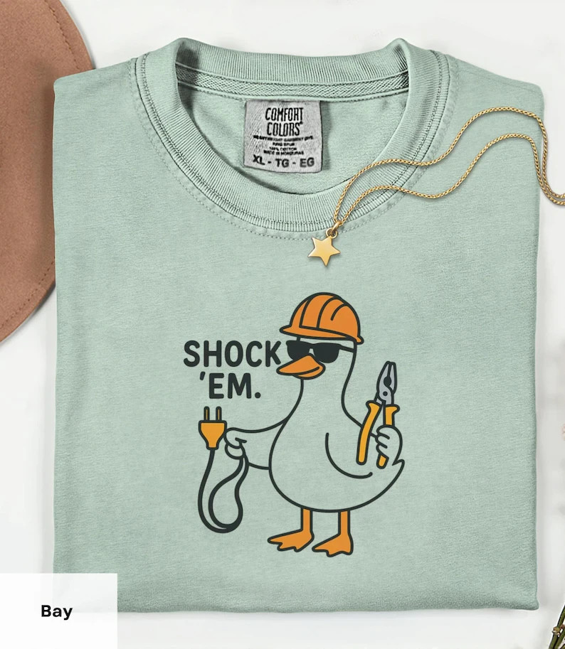 Funny Electrician T-Shirt Shock Em Duck Lineman Blue Collar Gift Top