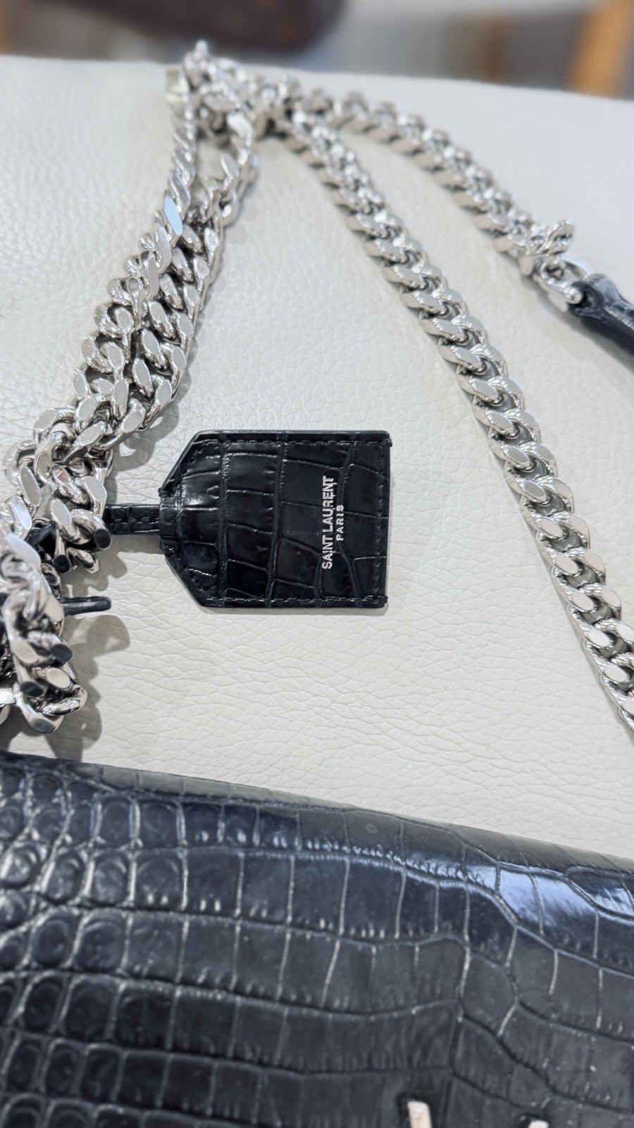 Saint Laurent Black Croc Embossed Magnetic Flap Shoulder Bag Silver Chain