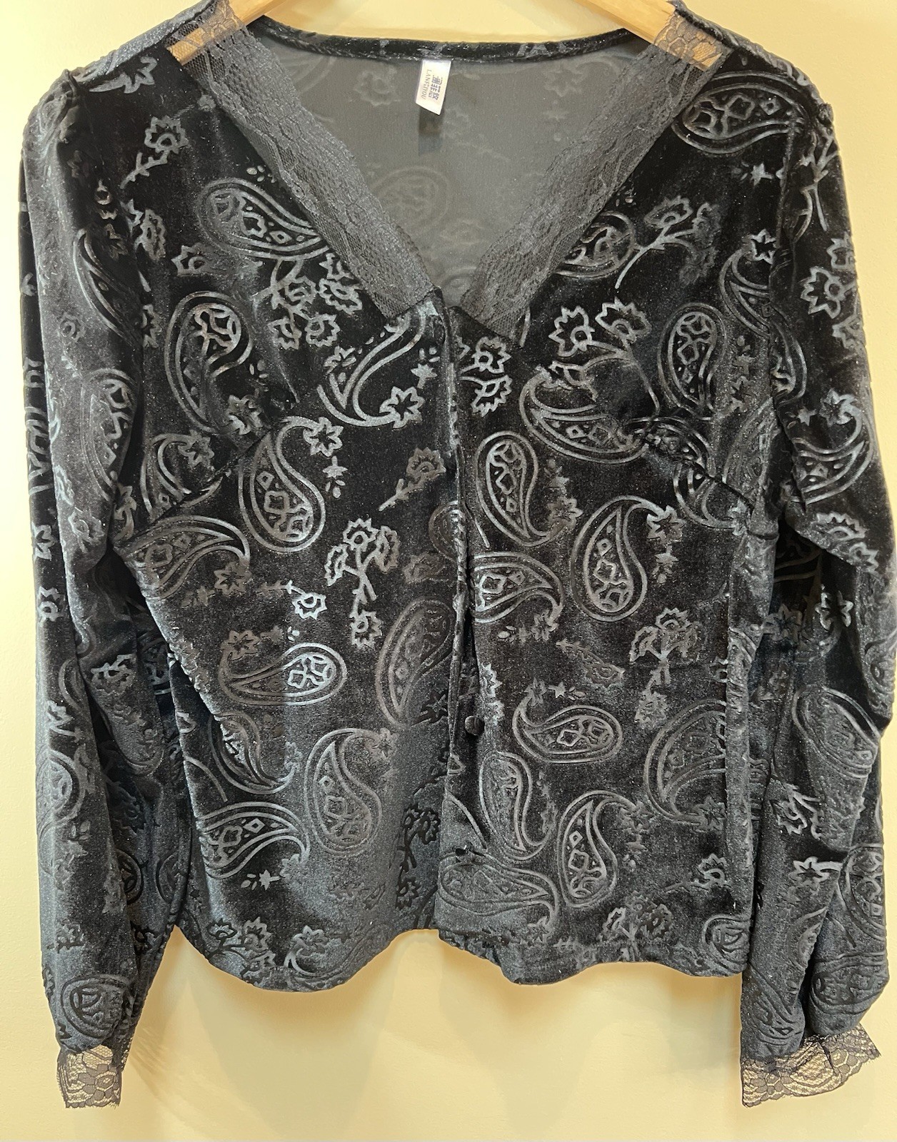 Womens Y2K Velvet Paisley Print Babydoll Lace Trim Top Medium Whimsigoth