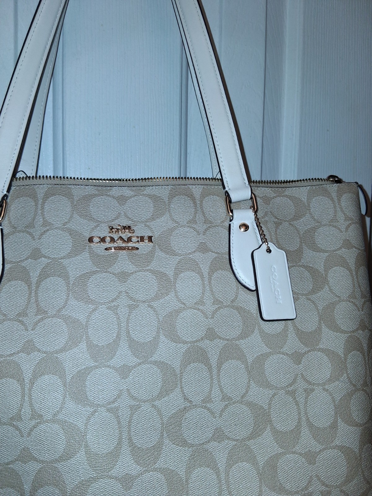 Coach CH504 Cream, Tan Canvas and Leather Signature Gallery Tote Bag Purse