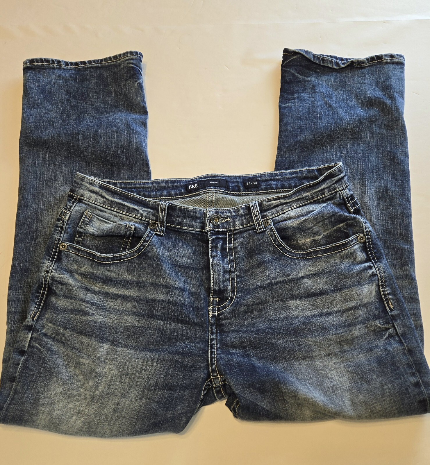 BKE Derek Jeans Men 34×29** Blue Denim Straight Leg Cowboy Thick Stitch