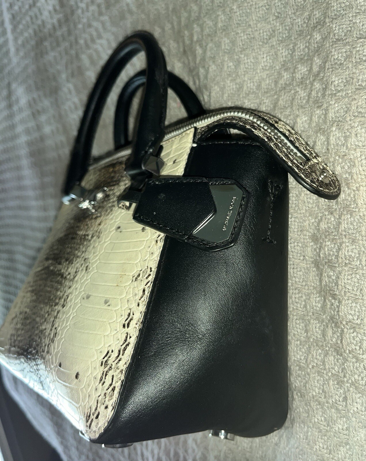 Michael Kors Nolita Mini Messenger Embossed Leather Off White Black Snakeskin