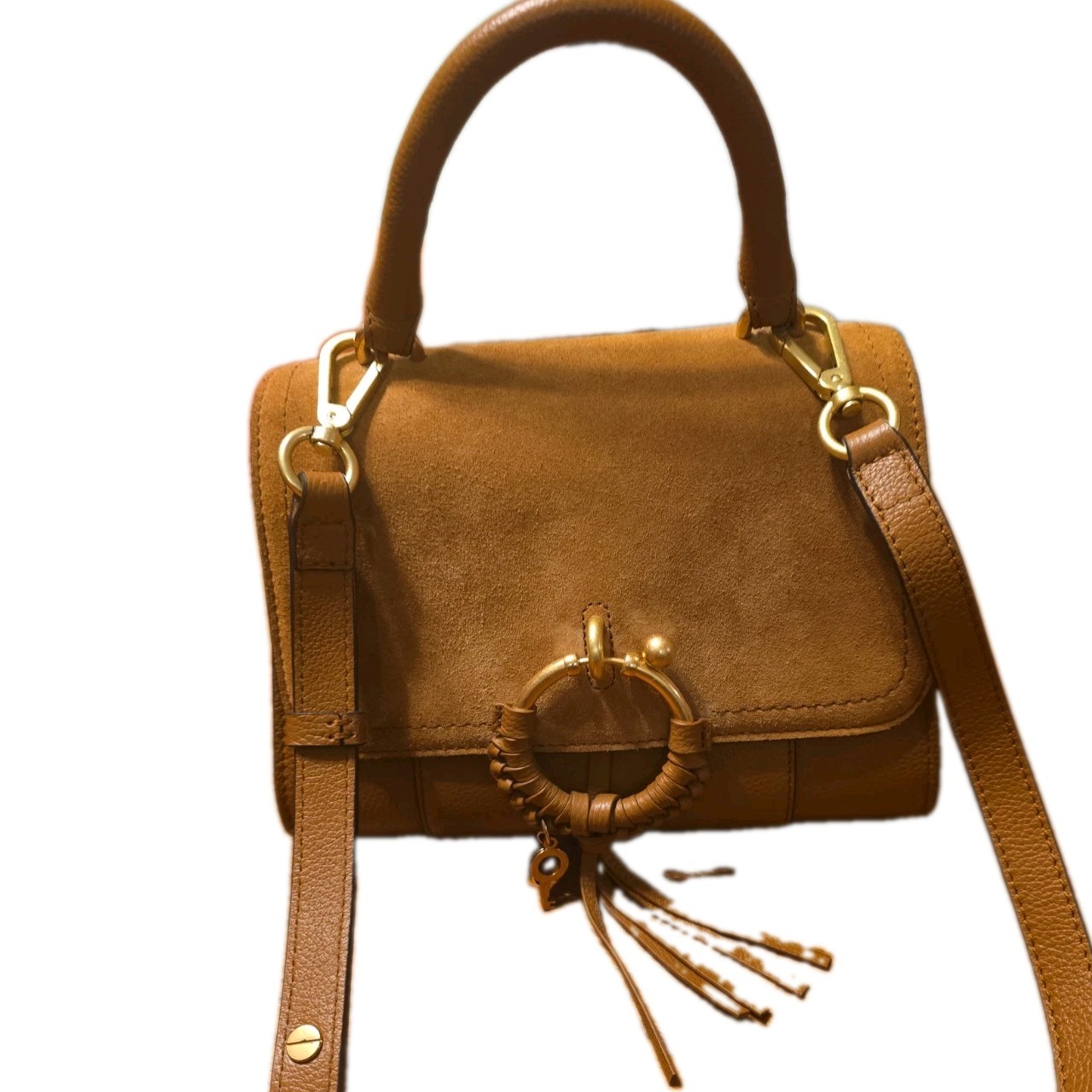 SEE BY CHLOE JOAN CARAMELLO SUEDE AND LEATHER CROSSBODY SHOULDER BAG