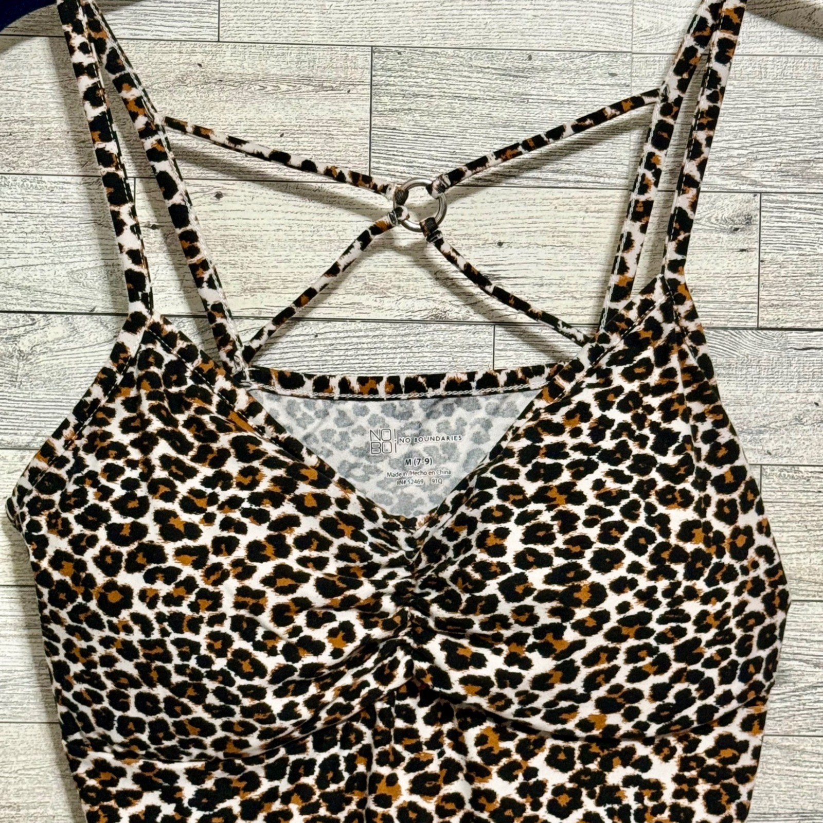 No Boundaries Leopard Print Ruched Cami Top Medium 7-9 Crisscross Back O-Ring