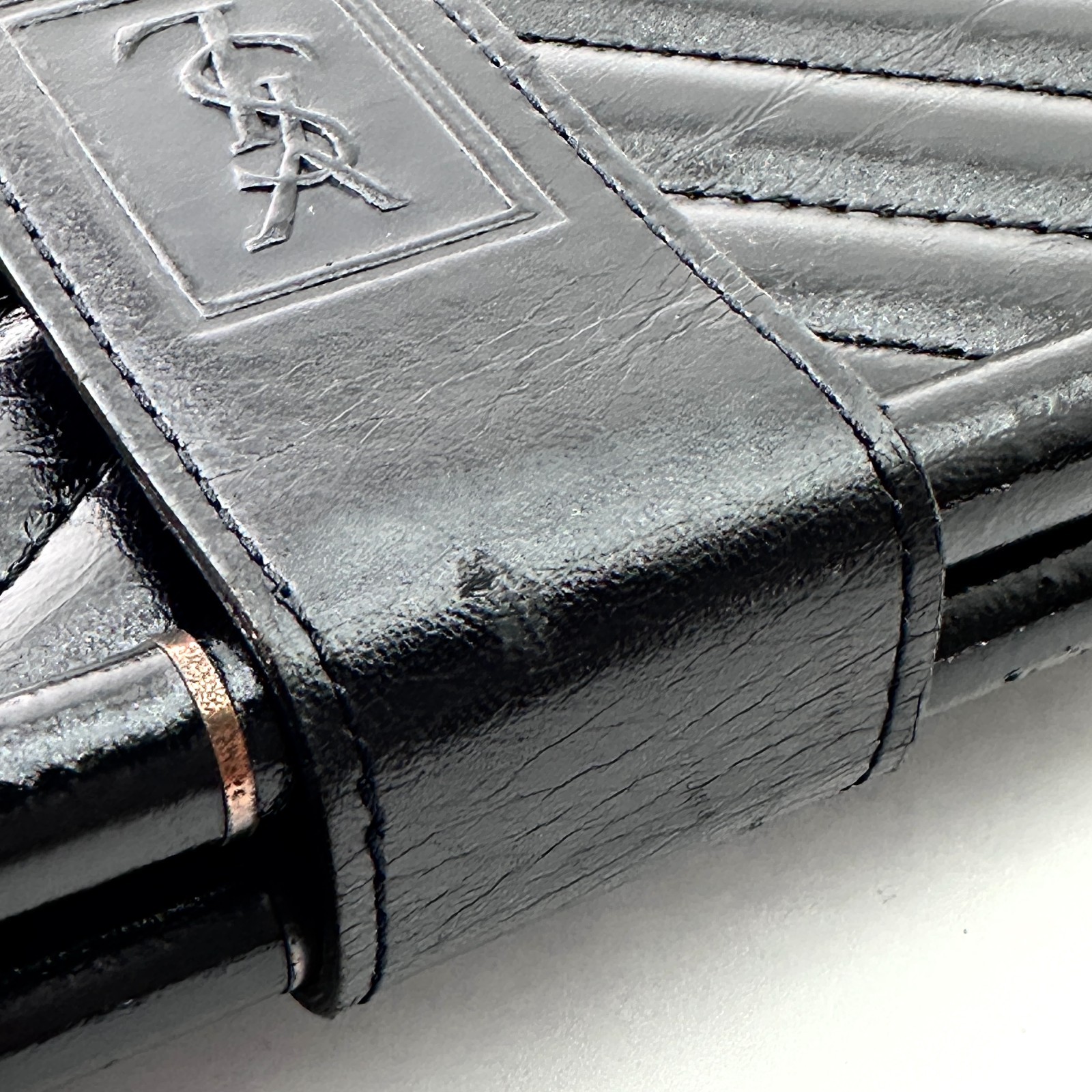 Yves Saint Laurent Black Leather Clutch Bag V stitch YSL Purse Vintage Authentic